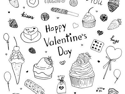 Happy Valentine's Day doodle set. Desserts sketch