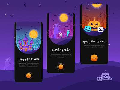 Halloween tour app onboarding app bat castle dark halloween hands happy halloween illustration minimal mobile onboarding progress bar pumpkin scary tour ui uiux ux web