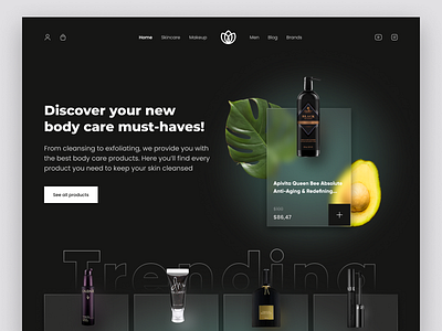 Personal Care and Beauty Website Landing Page branding clean cosmeticts dark dark mode design ecommerce glass glassmorphism haircut homepage landing page makeup minimal personal care skincare ui uiux ux webdesign