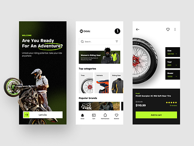 Motorcycle Servicing App app application bike servicing black bottom nav green handwrited element home page minimal mobile mobile design motorcycle product page ratings servicing app ui uiux ux welcome page wheel