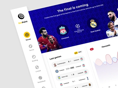 Sport Betting Website 2022 betting charts final football forcats gambeling icons liverpool navigation paris real madrid sidebar nav soccer sports uefa champions leage ui uiux webdesign website