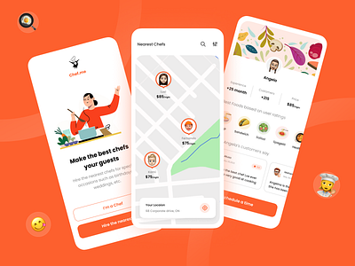 Private Chef Booking App👨‍🍳👩‍🍳 app app design booking chef comments cook cooking duxica flat design illustration map memoji minimal mobile orange private chef ui uiux user profile welcome page