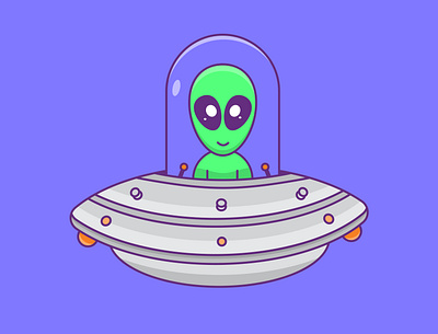 Cute alien flying with spaceship cartoon design flat icon illustration minimal vector
