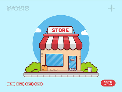 Shop Building with sleeping cat cartoon flat design illustration