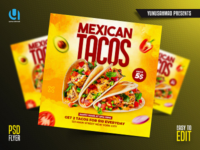 Mexican Tacos Flyer And Instagram Post Template advertising fast food instagram post mexican food mexican tacos restaurant social media post tacos flyer