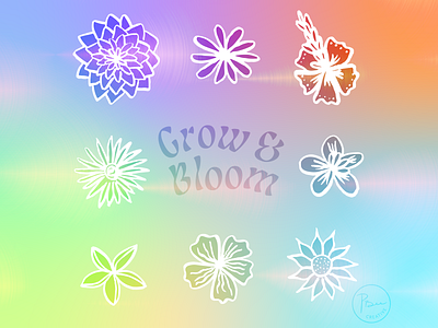 Grow & Bloom design flower holographic illustration inspirational quote sketch sticker typography vector