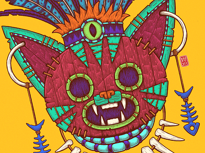 The Cat Mask (close-up) african art cat cat mask colorful illustration hatching illustration ink drawing inking mask mayan tribal tribal mask vudee