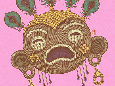 The Crying Mask (close-up) african art colorful illustration crying drama emotions feathers hatching illustration ink drawing inking mask mayan pink tribal tribal mask vudee