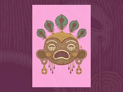The Crying Mask african art colorful illustration crying crying mask drama feathers hatching illustration ink drawing inking mask mayan pink tibal tribal mask vudee