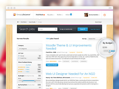 Find Work Page breadcrumbs button category job list menu panel scrollbar search tag ui wood