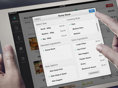 Sircles iOS App — Order Options Window app food ipad kitchen menu order overlay popup sale set settings size
