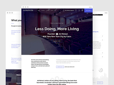 Less Doing, More Living — Home Page agenda conference countdown event faq hero minimalistic new york schedule speakers speaking website