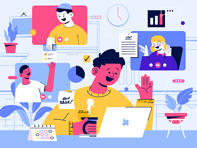 Illustration Conference Call blue call character design conference design designer flat design illustration interface meeting remote work sass schedule services ui ui design ux vector vibrant color video call