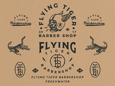 Branding Designs for Flying Tiger Barbershop badge logo branding design design vntage hand drawn illustration logo typography vector vintage