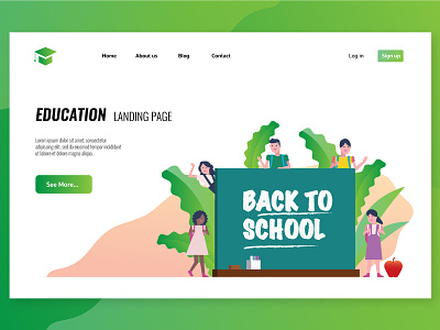 Back to school landing page back to school children design education flat graphic green icons illustration kids landing page ui vector website