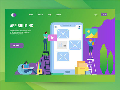 App Building app application character design designer flat graphic green illustration landing page magenta programer ui vector website