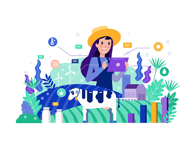Smart farmer. agriculture design device farming flat graphic icon illustration iot smart technology vector woman