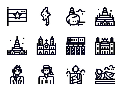 Myanmar outline icons asia asien bold lines character design graphic icon icons illustration landmark myanmar outline pictogram travel ui vector