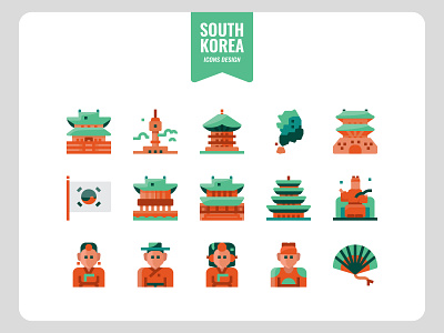 Korea flat icons asia character culture design flat graphic icon icons illustration korea landmark logo people pictogram set south korea travel vector