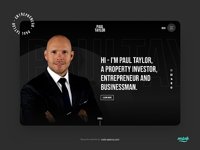 Paul Taylor - Hero design bespoke bespoke website black and white website dark mode website dark website entrepreneur website hero banner personal website ui ux web web design website website design website designer websites