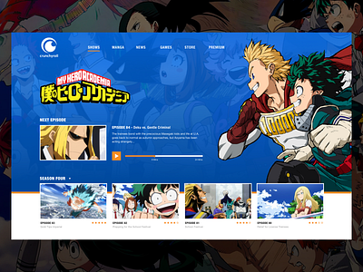 Crunchy Roll Redesign - Shows Page 12 column anime bright clean crunchyroll grid manga my hero academia sketch tv typography ui ux