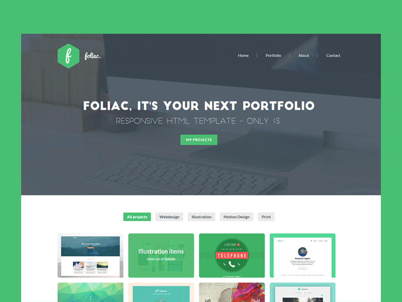 Foliac, HTML Portfolio Template color scheme foliac free html one page portfolio psd responsive ressources template webdesign