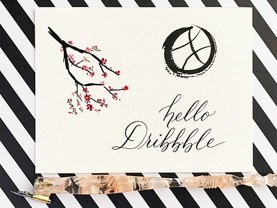Hello Dribbble calligraphy cherry blossoms debut illustration lettering sumi ink watercolor