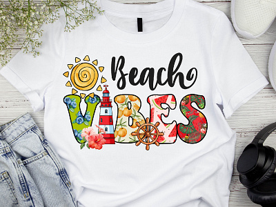 beach vibes T-shirt Design beach landscape best t shirt custom t shirt funny t shirt illustration summer vibes t shirt design tropical beach typography