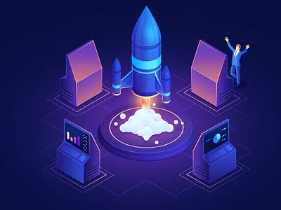 Launch plataform ( in progress ) design gradient icon illustration isometric rocket startup terminal ui