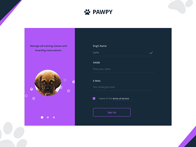 Pawpy Signup Form animal dog login paw puppy signup training