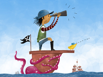 Piro bird boat boy character flag illustration ocean octopus pirate sea ship