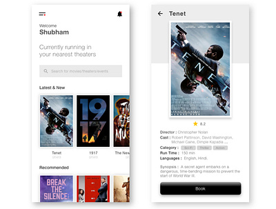 Tick-it : Modern Ticket Booking Application app appointment booking branding clean design film latest minimal mobile movie nolan simple tenet theater ticket time trend ux watch