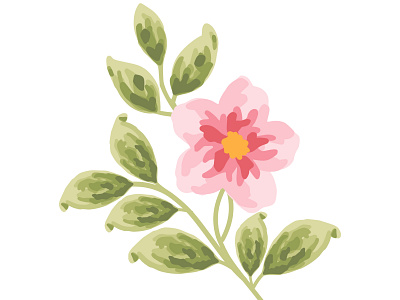Hand drawn single pink flower and green leafs