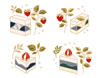Set of bakery elements with strawberry plants and blue waves bakery blueberry cafe cake cake logo cake shop cakes cheesecake delicious dessert digital art florals food illustration japanese art kawaii pastry strawberry sweet wave