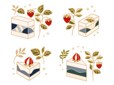 Set of bakery elements with strawberry plants and blue waves