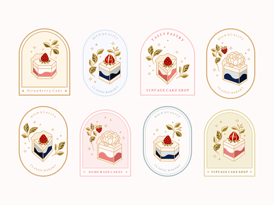 Cute Cake Element Collection bakery branding cafe cake cake logo cake shop cute delicious digital art floral food hand drawn illustration kawaii kitchen logo pastry strawberry vectot vintage