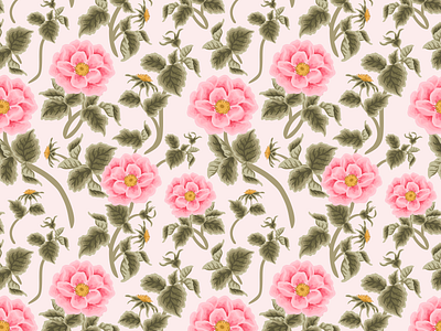 Pink Blossom Floral Seamless Pattern aesthetic beauty bloom blossom botanical digital art feminine floral flower flower illustration garden illustration nature pattern design repeat pattern rosa canina rose seamless pattern spring summer