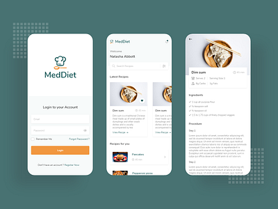 MedDiet app cooking creative design detail page details page filter food food app home home page inner page login login screen mobile mobile app recipe search uiux