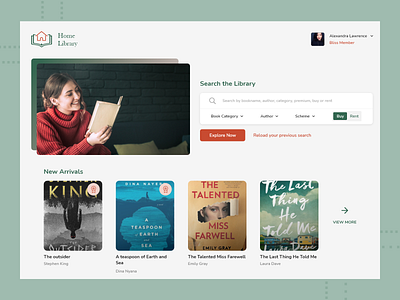 Home Library books cards dashboard design library order rent search ui webdesign