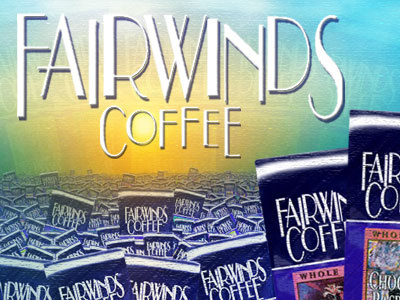 Faiwinds Coffee ad banner blue coffee horizon ocean sun sunrise sunset yellow