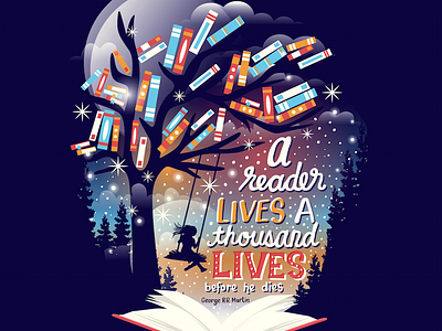 Thousand lives books lettering negative space reader reading stars swing tree typography