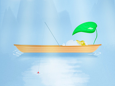 Summer feelings design drawing fishing illustrations lotus leaf painting rabbit ship water