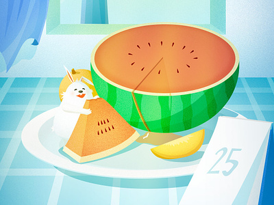 Summer with watermelon calendar design illustrations orange painting rabbit summer sun watermelon 兔子 夏季 橘子 西瓜 阳光