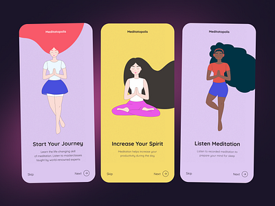 Meditatopolis App Intro Screens app character health illustration meditation mentalhealth mindfulness mobile onboarding player relaxation stress uiux yoga zen