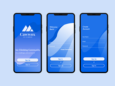 Cawwox - Ice Climbing Community app blue dailyui design flat graphics illustration ice interface ios log in log in page minimal mobile sign up sketch snow sport sports design ui ux vector