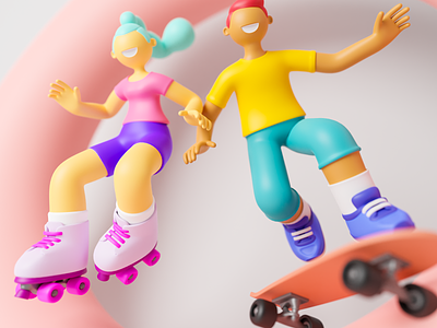 Roller and skater 3d blender boy character girl happy rollers skateboard sport