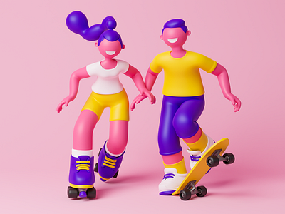 Rollerblading and skateboarding 3d boy character extreme girl man rollerblading skateboarding sport woman