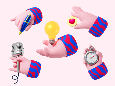Hand gestures 3d arm blender bulb character gestures hand heart illustration lamp microphone pen watch