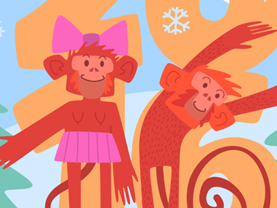 Two Red Monkeys 2016 monkey new year red snow snowflakes tree