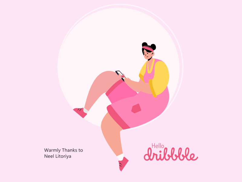 Hello Dribbble👋 animated illustration app first shot girl animated gif girl animation girl on moon graphic design hello dribbble illustration json animation swing leg animation vector